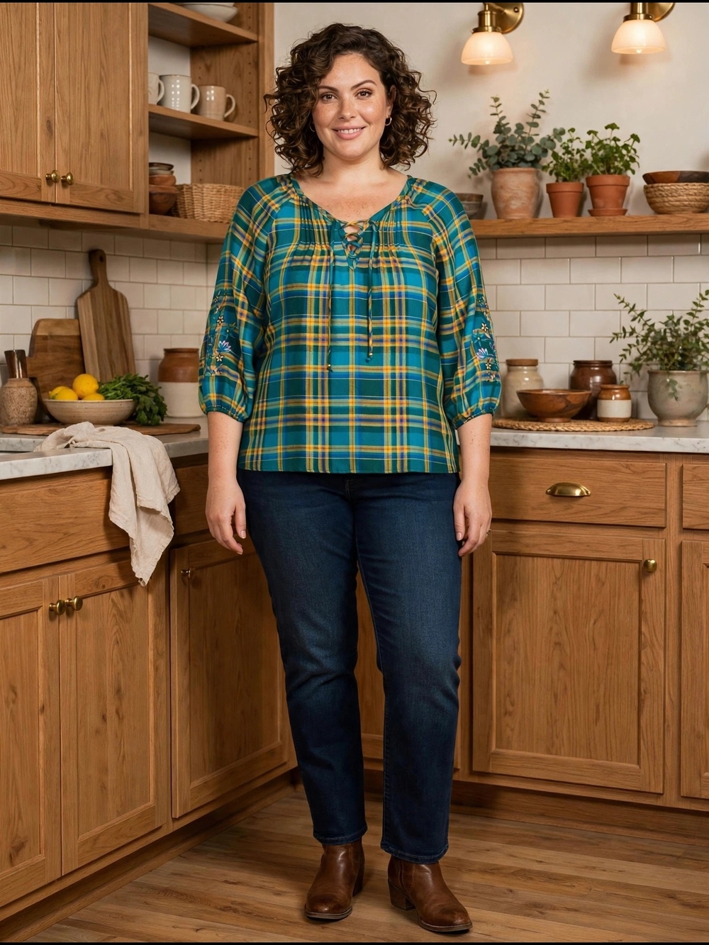 The Pioneer Woman Teal & Yellow Plaid Lace-Up Peasant Blouse - Picture 2 of 6